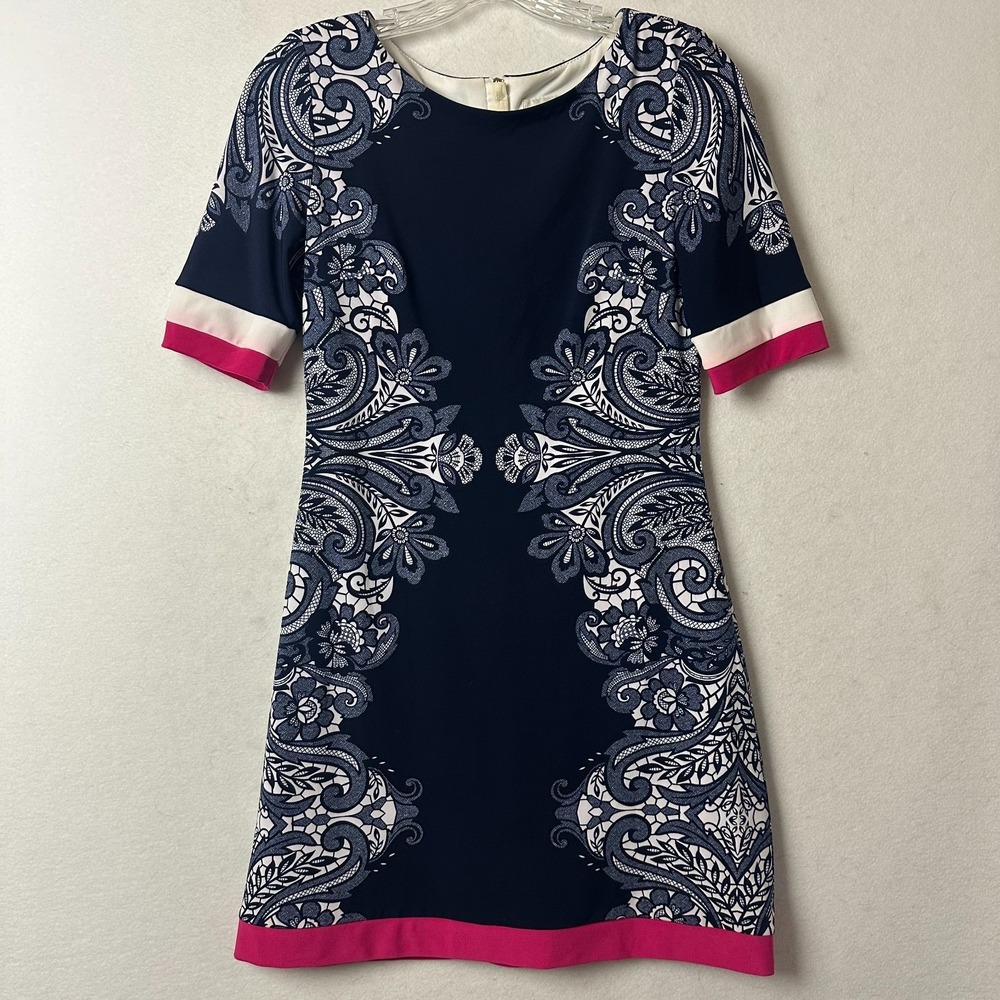 Joseph Ribkoff Navy Paisley Sheath Dress Pink Colorblock Short Sleeve Size 4
